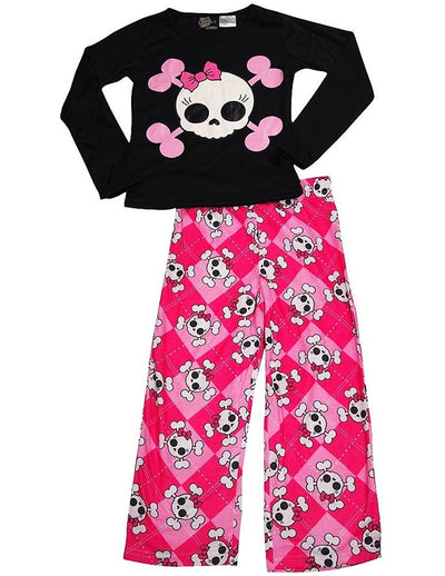 Fancy Girlz - Little Girls' Long Sleeve Skulls Argyle Pajamas