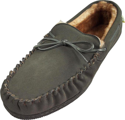 Norty Mens Genuine Leather Cowhide Suede Slippers - Moccasin Slip On Loafer - Lux Plush Fur Lining